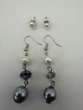 Faux Gray Pearl and Crystal Dangle Earrings And Faux Pearl Studs Mix n Match